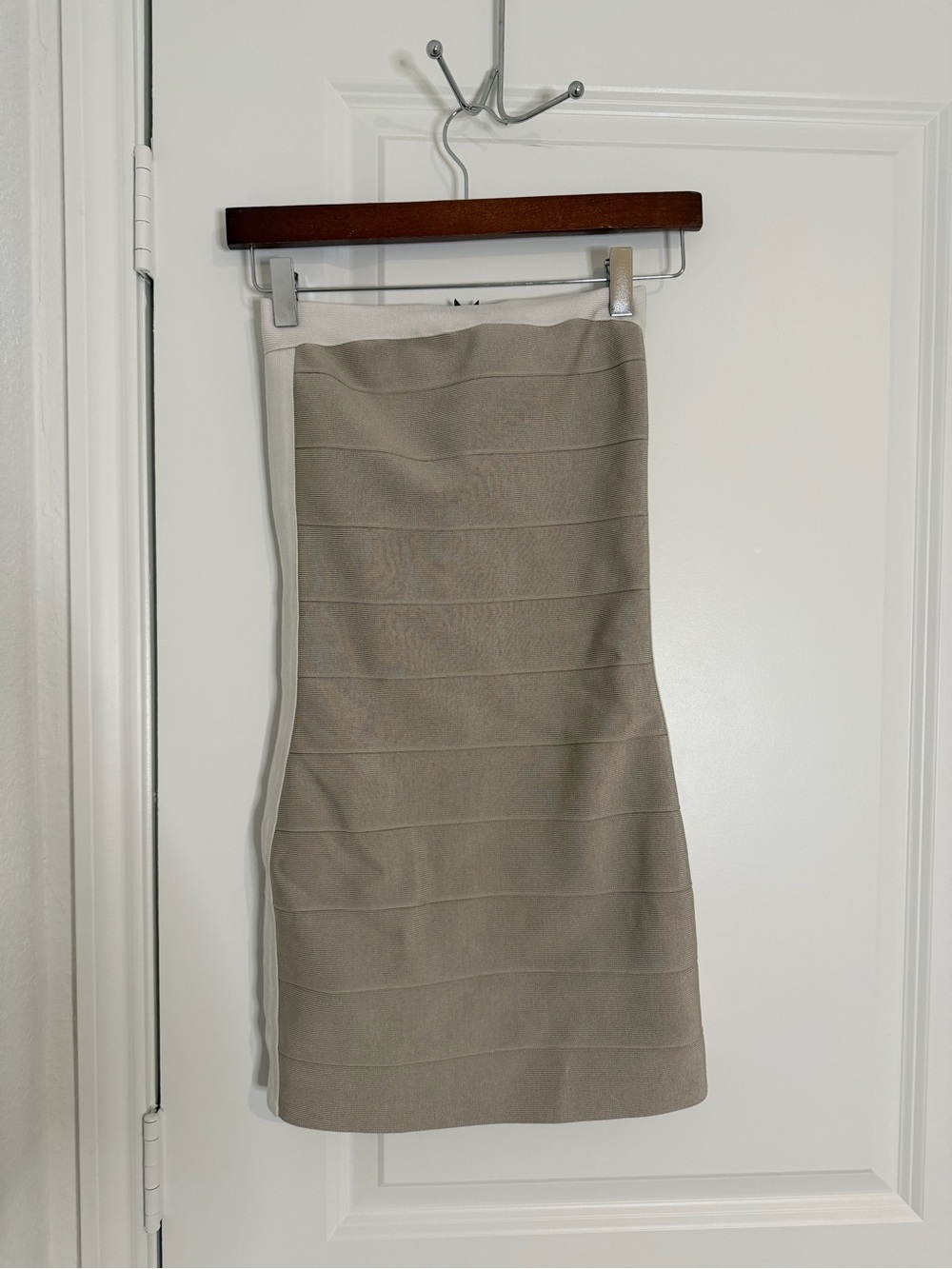 BB Dakota Strapless Two-Tone Beige and Cream Bandage Dress